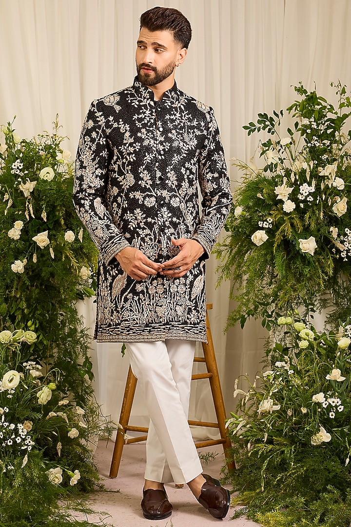 Black Georgette Sequins Embroidered Short Wedding Sherwani by Kasbah Clothing at Pernia's Pop Up Shop