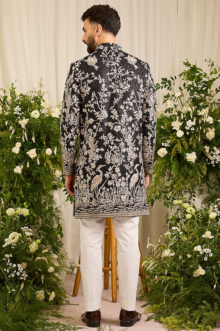 Black Georgette Sequins Embroidered Short Wedding Sherwani by Kasbah Clothing at Pernia's Pop Up Shop