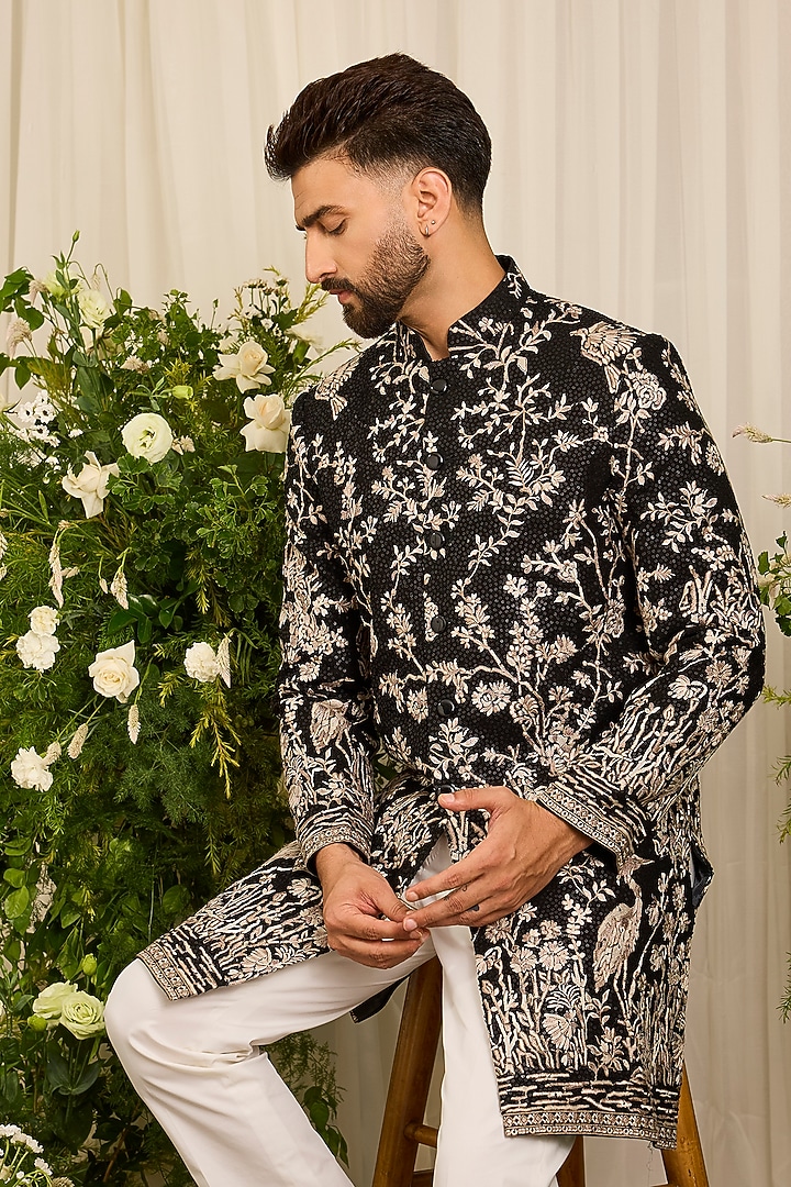 Black Georgette Sequins Embroidered Short Wedding Sherwani by Kasbah Clothing at Pernia's Pop Up Shop