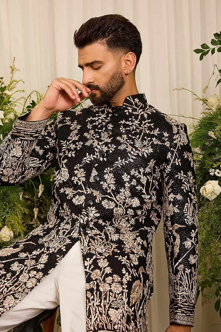 Black Georgette Sequins Embroidered Short Wedding Sherwani by Kasbah Clothing at Pernia's Pop Up Shop