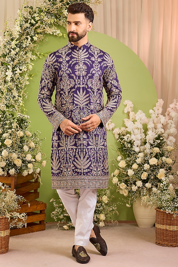 Purple Silk Sequins Work Kurta by Kasbah Clothing at Pernia's Pop Up Shop