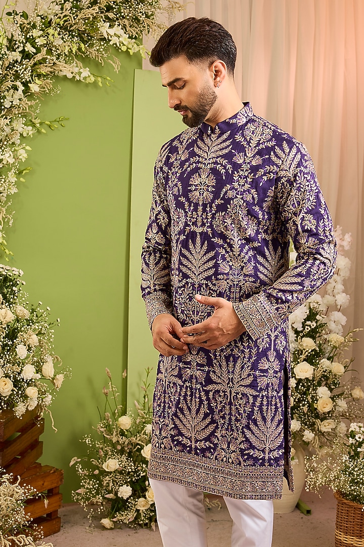 Purple Silk Sequins Work Kurta by Kasbah Clothing at Pernia's Pop Up Shop