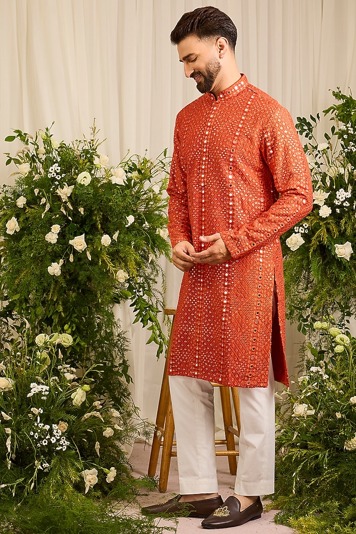 Orange Silk Mirror Embroidered Kurta by Kasbah Clothing at Pernia's Pop Up Shop