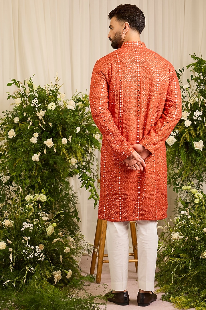 Orange Silk Mirror Embroidered Kurta by Kasbah Clothing at Pernia's Pop Up Shop