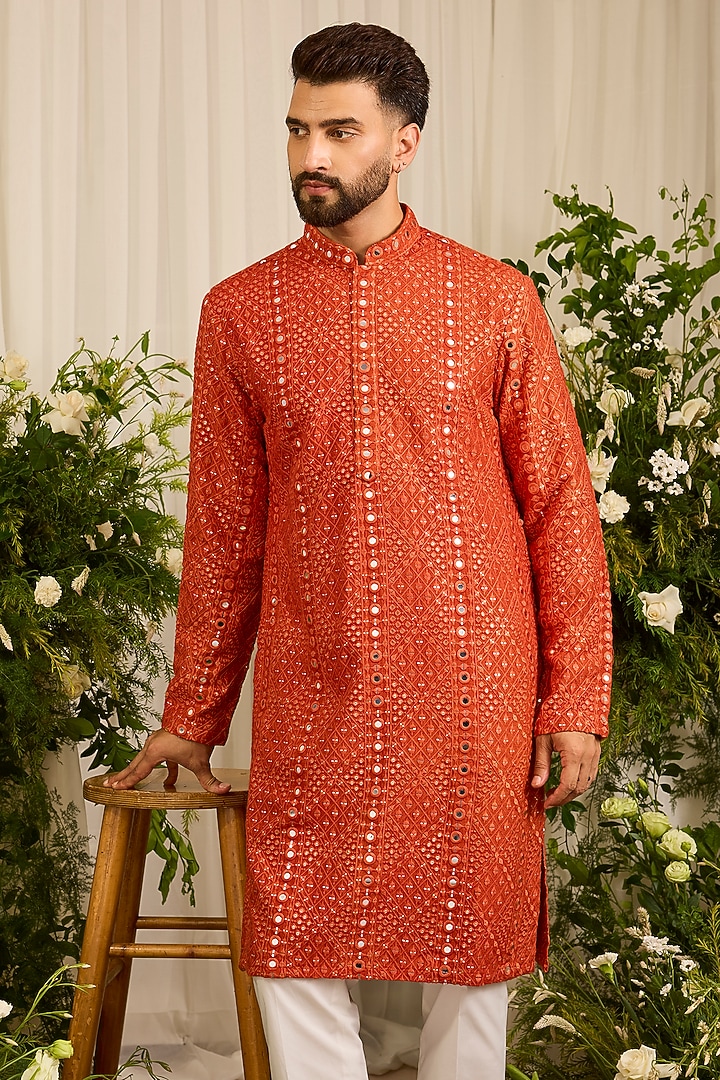 Orange Silk Mirror Embroidered Kurta by Kasbah Clothing at Pernia's Pop Up Shop