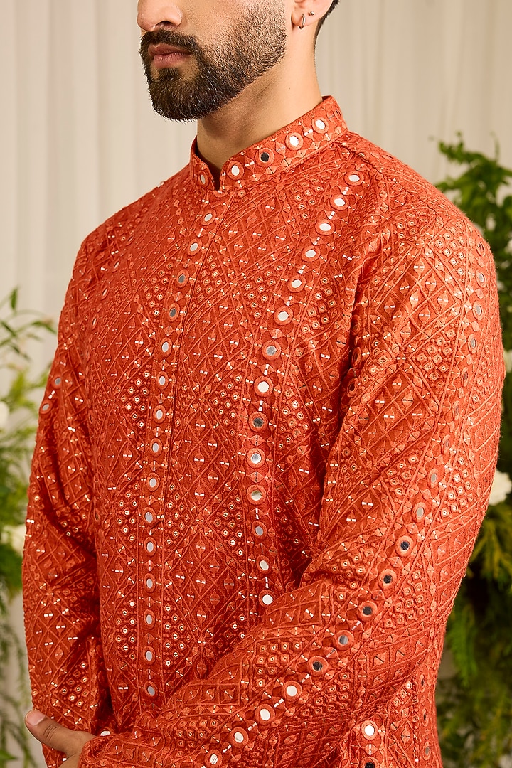 Orange Silk Mirror Embroidered Kurta by Kasbah Clothing at Pernia's Pop Up Shop