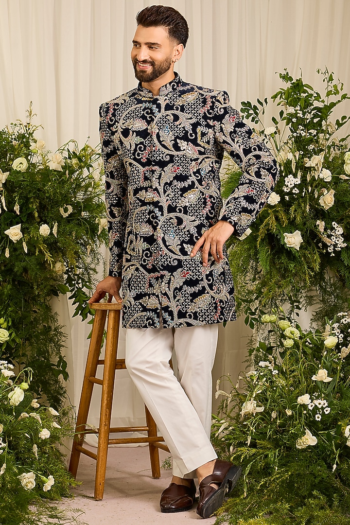 Blue Velvet Cutdana Handwork Wedding Sherwani by Kasbah Clothing at Pernia's Pop Up Shop