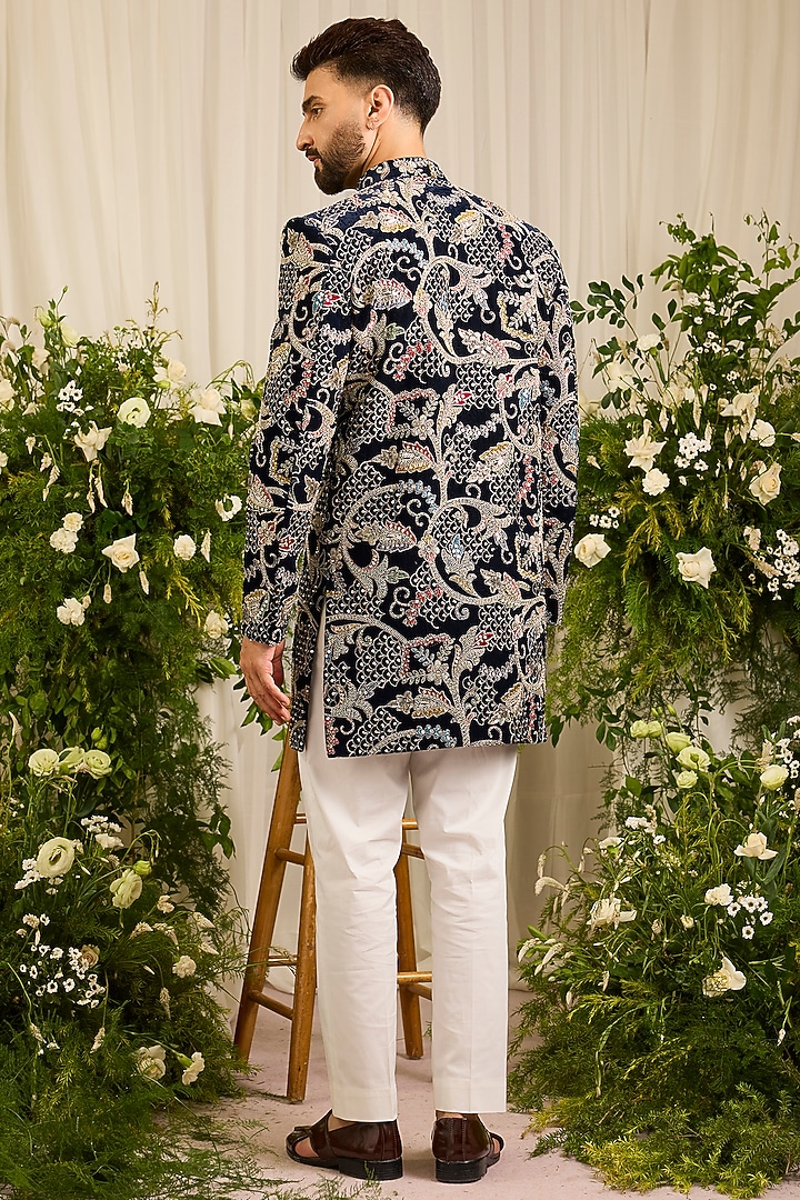 Blue Velvet Cutdana Handwork Wedding Sherwani by Kasbah Clothing at Pernia's Pop Up Shop