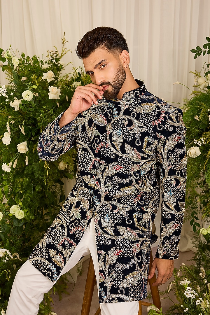 Blue Velvet Cutdana Handwork Wedding Sherwani by Kasbah Clothing at Pernia's Pop Up Shop