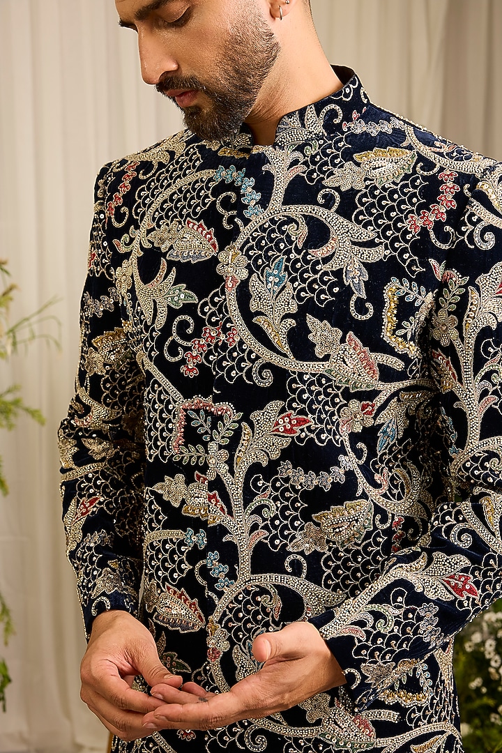 Blue Velvet Cutdana Handwork Wedding Sherwani by Kasbah Clothing at Pernia's Pop Up Shop