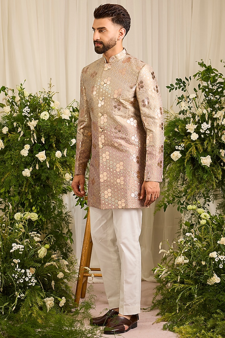 Gold Chanderi Embroidered Short Wedding Sherwani by Kasbah Clothing at Pernia's Pop Up Shop