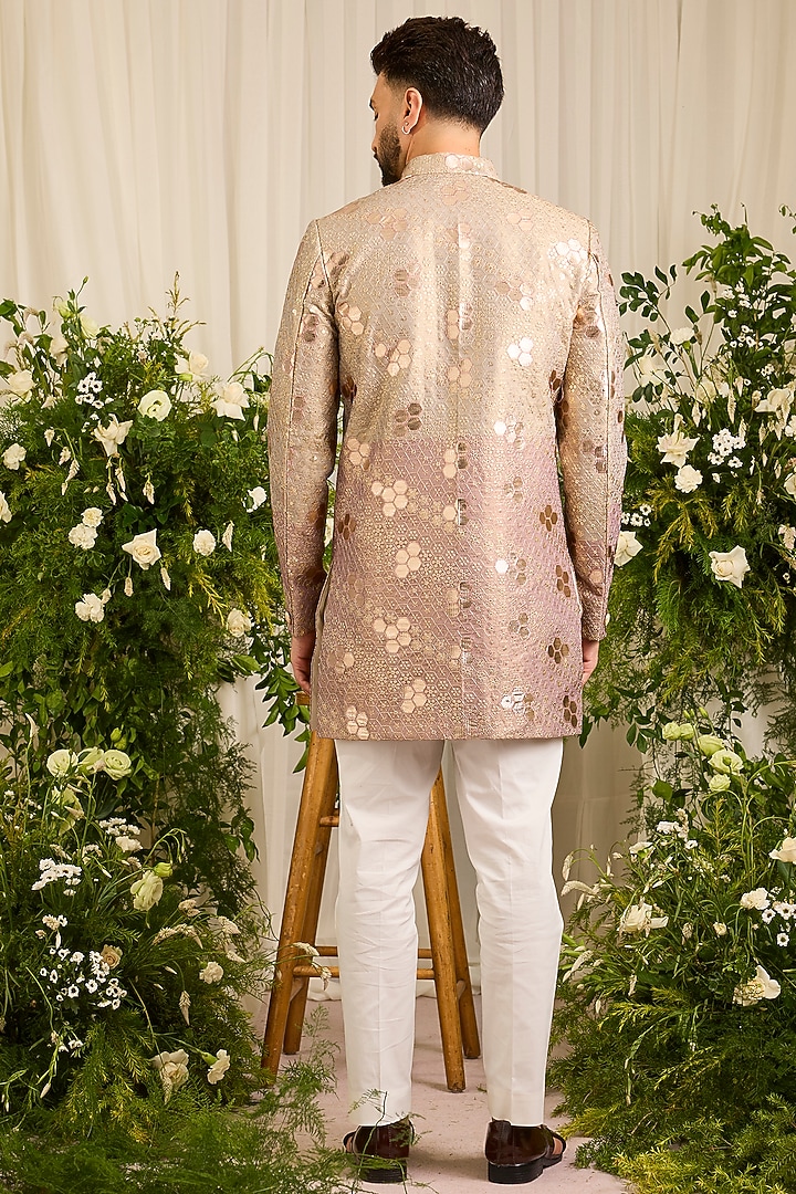 Gold Chanderi Embroidered Short Wedding Sherwani by Kasbah Clothing at Pernia's Pop Up Shop