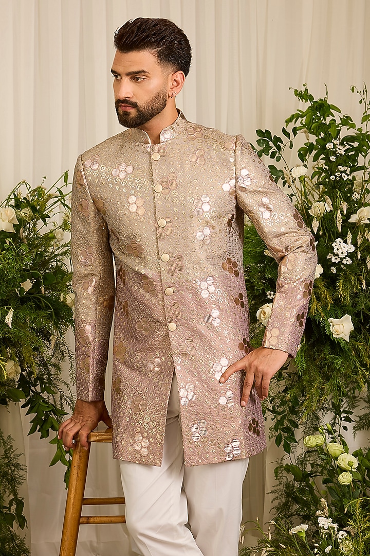 Gold Chanderi Embroidered Short Wedding Sherwani by Kasbah Clothing at Pernia's Pop Up Shop