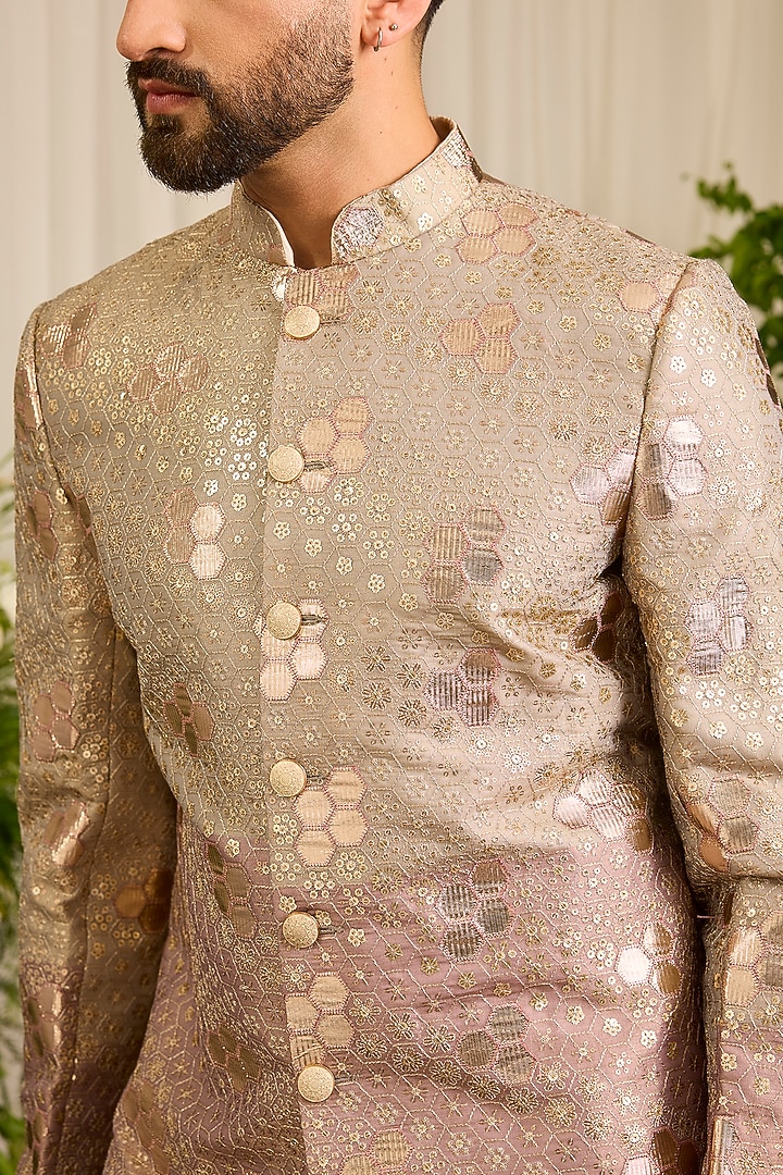 Gold Chanderi Embroidered Short Wedding Sherwani by Kasbah Clothing at Pernia's Pop Up Shop