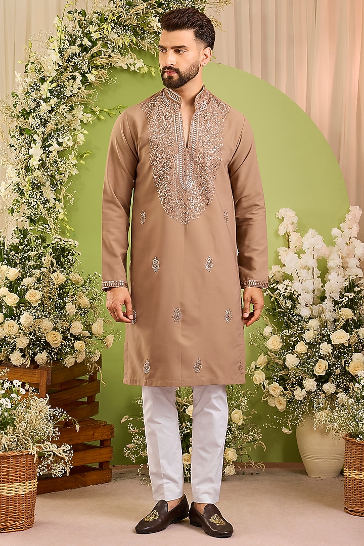 Beige-Brown Japanese Fabric Embellished Kurta by Kasbah Clothing at Pernia's Pop Up Shop