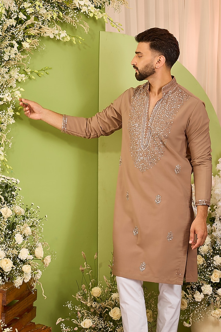 Beige-Brown Japanese Fabric Embellished Kurta by Kasbah Clothing at Pernia's Pop Up Shop