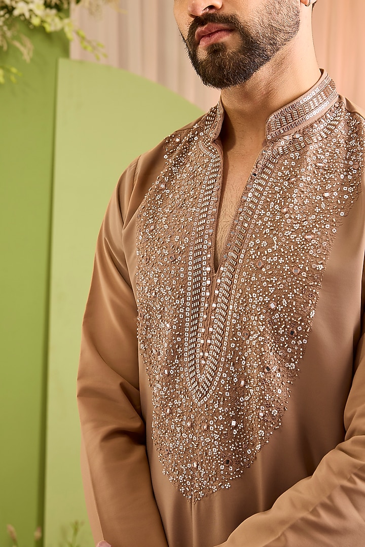 Beige-Brown Japanese Fabric Embellished Kurta by Kasbah Clothing at Pernia's Pop Up Shop