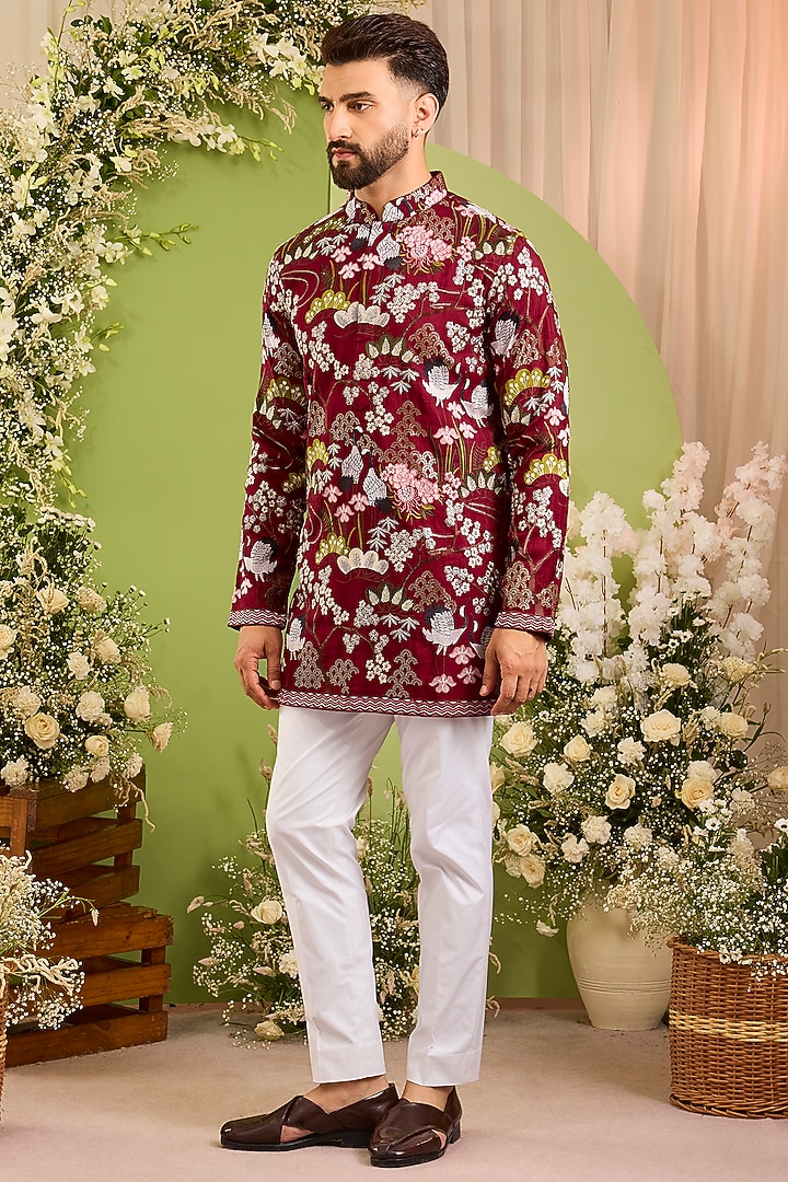 Maroon Silk Threadwork Short Kurta by Kasbah Clothing at Pernia's Pop Up Shop