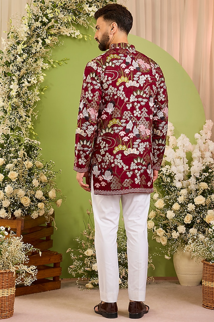 Maroon Silk Threadwork Short Kurta by Kasbah Clothing at Pernia's Pop Up Shop