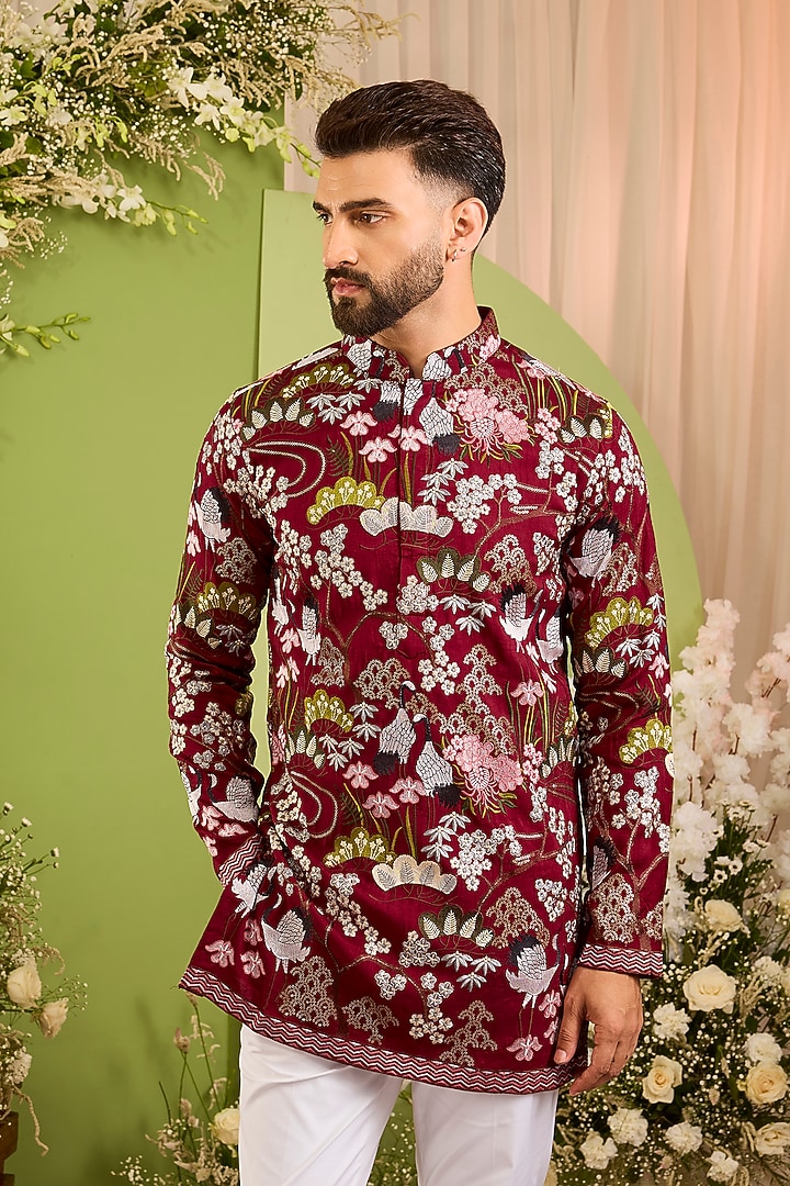 Maroon Silk Threadwork Short Kurta by Kasbah Clothing at Pernia's Pop Up Shop