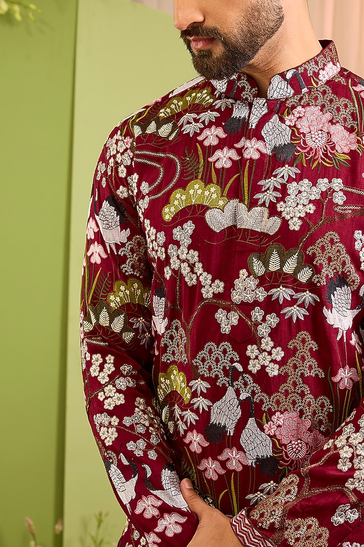 Maroon Silk Threadwork Short Kurta by Kasbah Clothing at Pernia's Pop Up Shop