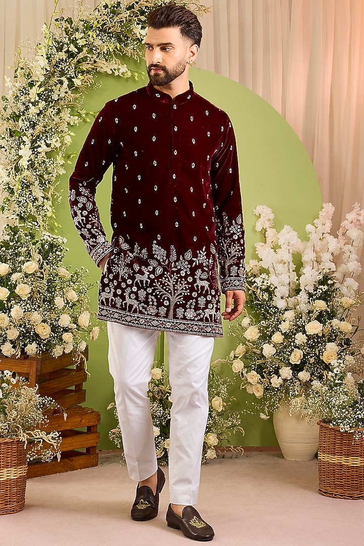 Maroon Velvet Hand Embroidered Short Kurta by Kasbah Clothing at Pernia's Pop Up Shop