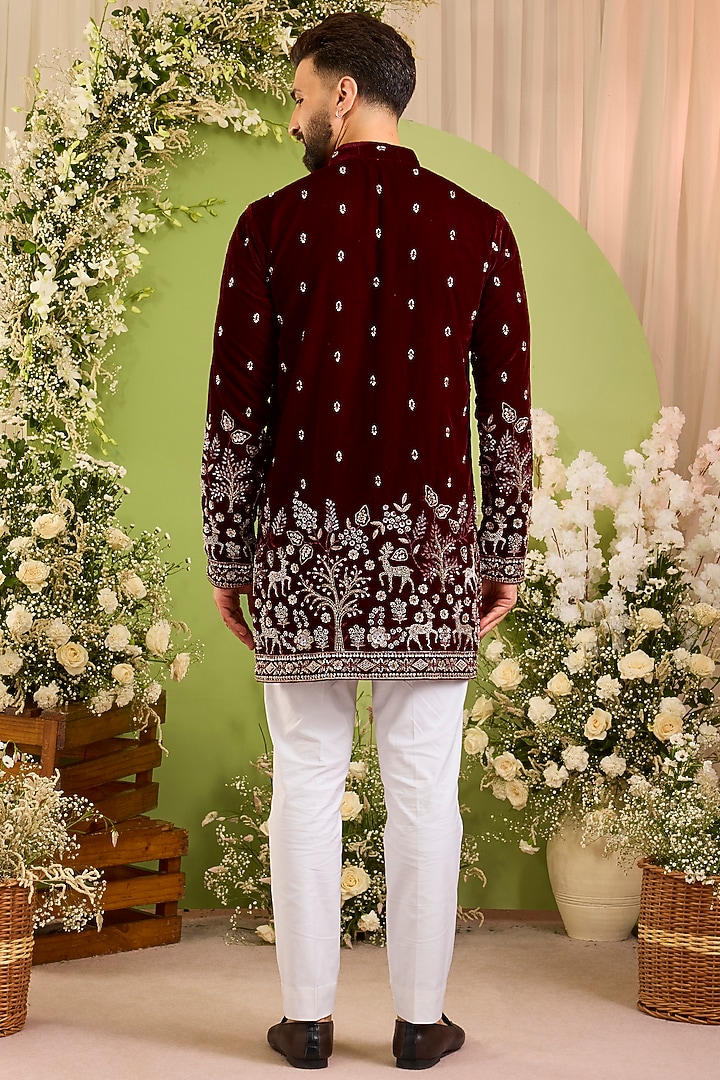 Maroon Velvet Hand Embroidered Short Kurta by Kasbah Clothing at Pernia's Pop Up Shop