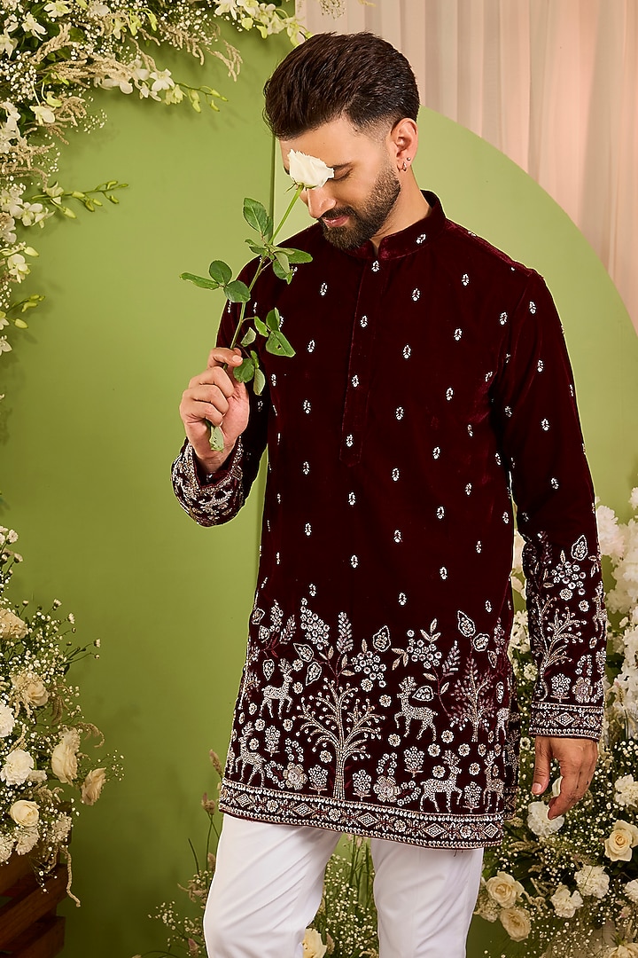 Maroon Velvet Hand Embroidered Short Kurta by Kasbah Clothing at Pernia's Pop Up Shop
