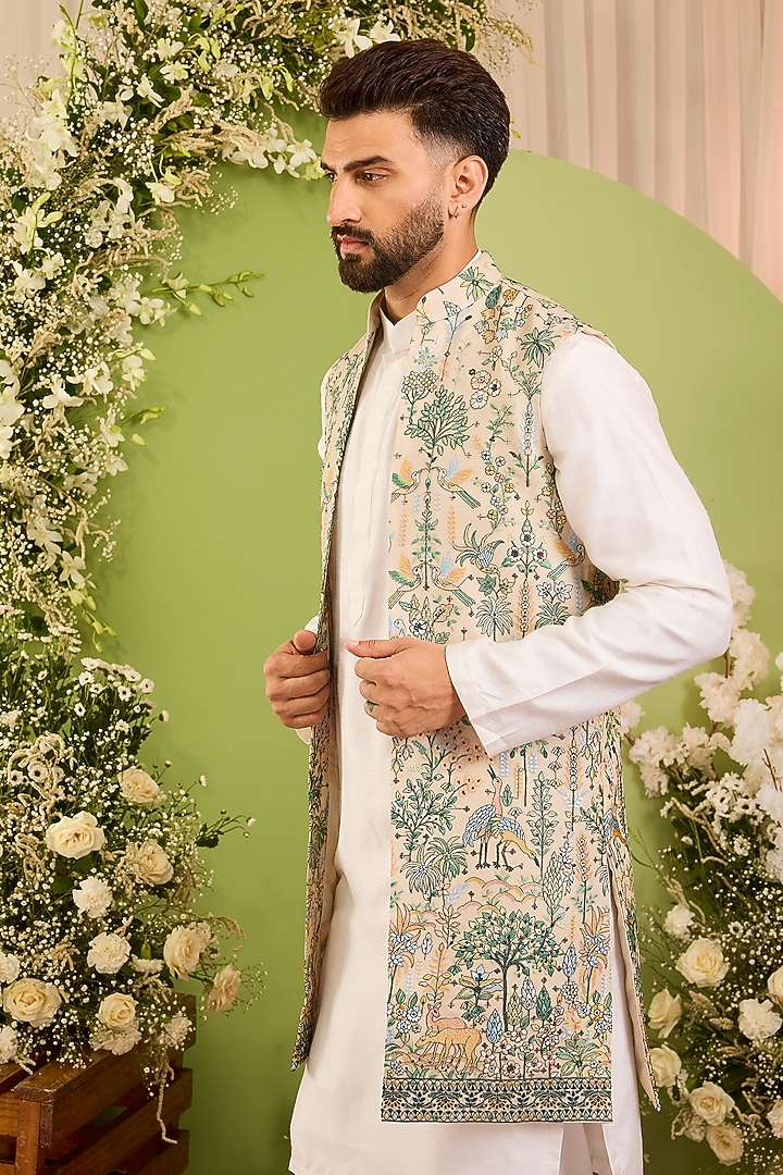 Brown Georgette Sequins Embroidered Long Open Jacket by Kasbah Clothing at Pernia's Pop Up Shop