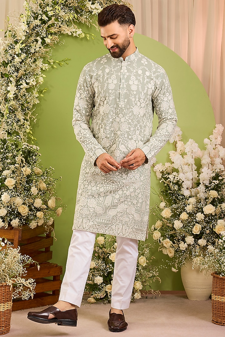 Serene Green-Blue Georgette Threadwork Kurta by Kasbah Clothing at Pernia's Pop Up Shop
