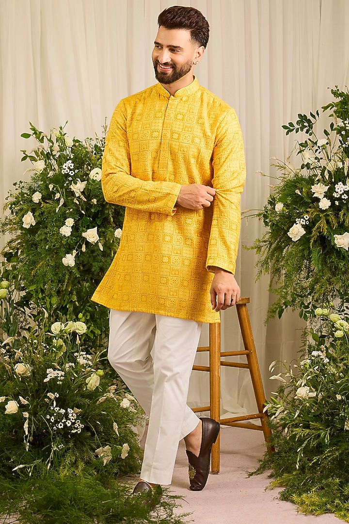 Mustard Silk Threadwork Chikankari Short Kurta by Kasbah Clothing at Pernia's Pop Up Shop