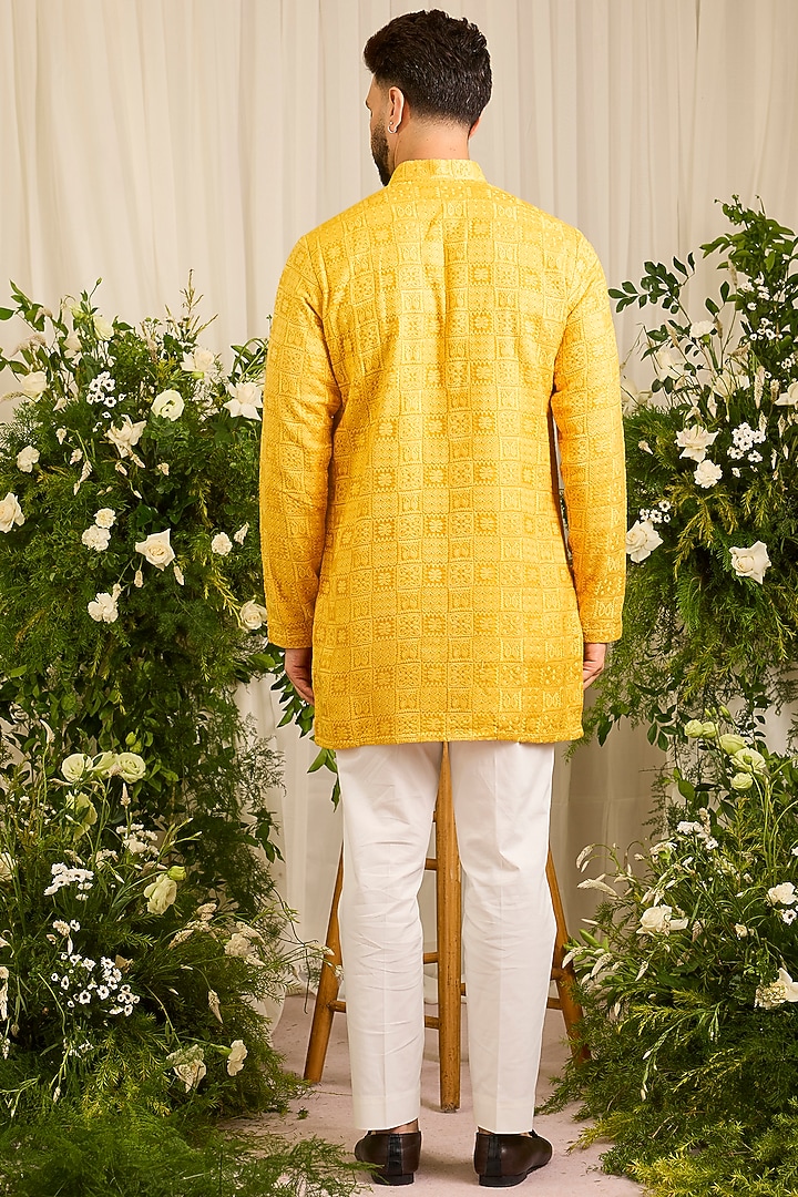 Mustard Silk Threadwork Chikankari Short Kurta by Kasbah Clothing at Pernia's Pop Up Shop