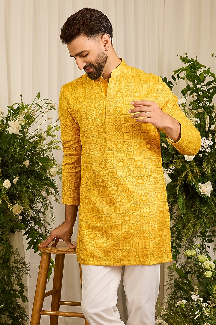 Mustard Silk Threadwork Chikankari Short Kurta by Kasbah Clothing at Pernia's Pop Up Shop