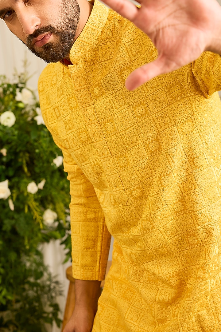 Mustard Silk Threadwork Chikankari Short Kurta by Kasbah Clothing at Pernia's Pop Up Shop