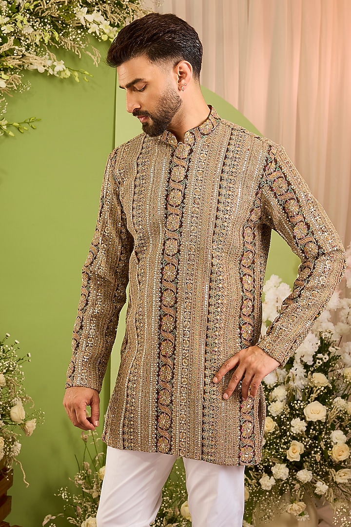 Brown Georgette Printed & Zari Embroidered Kurta by Kasbah Clothing at Pernia's Pop Up Shop