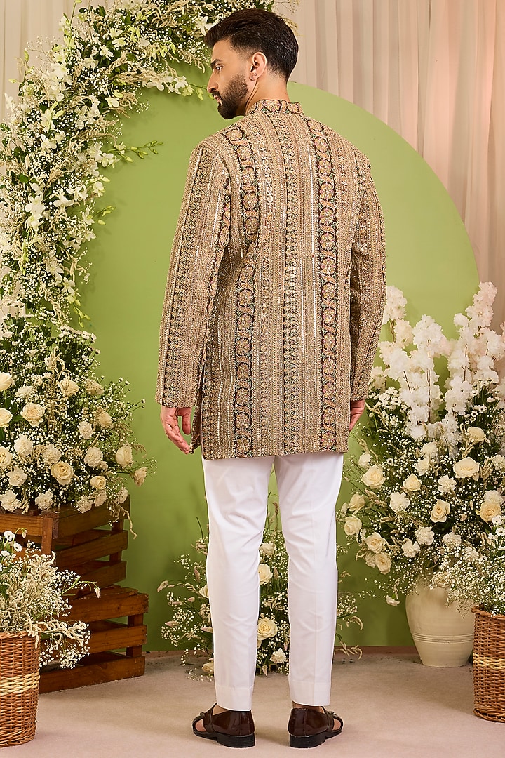 Brown Georgette Printed & Zari Embroidered Kurta by Kasbah Clothing at Pernia's Pop Up Shop
