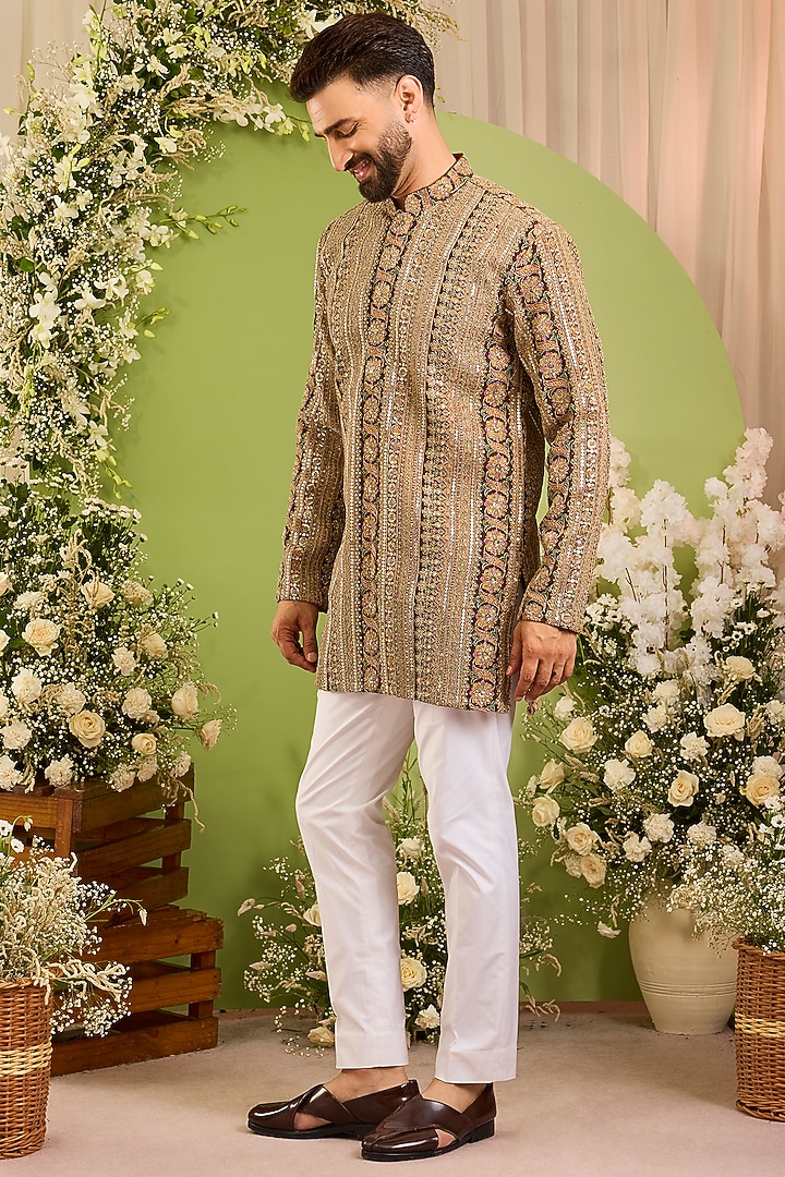 Brown Georgette Printed & Zari Embroidered Kurta by Kasbah Clothing at Pernia's Pop Up Shop