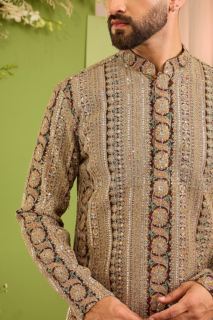 Brown Georgette Printed & Zari Embroidered Kurta by Kasbah Clothing at Pernia's Pop Up Shop