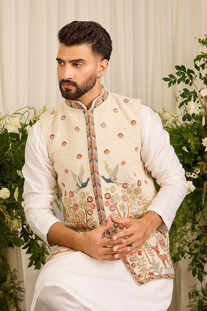 Beige Jute Embroidered Bundi Jacket by Kasbah Clothing at Pernia's Pop Up Shop