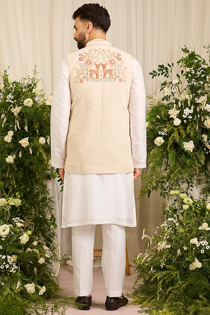 Beige Jute Embroidered Bundi Jacket by Kasbah Clothing at Pernia's Pop Up Shop