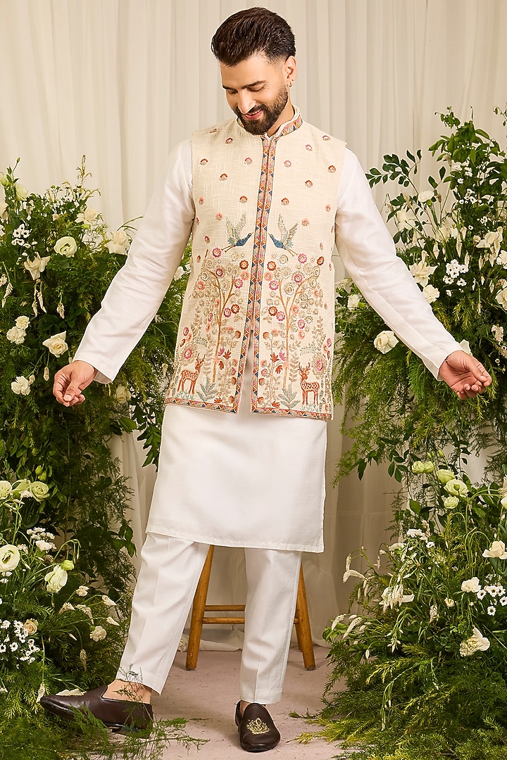 Beige Jute Embroidered Bundi Jacket by Kasbah Clothing at Pernia's Pop Up Shop