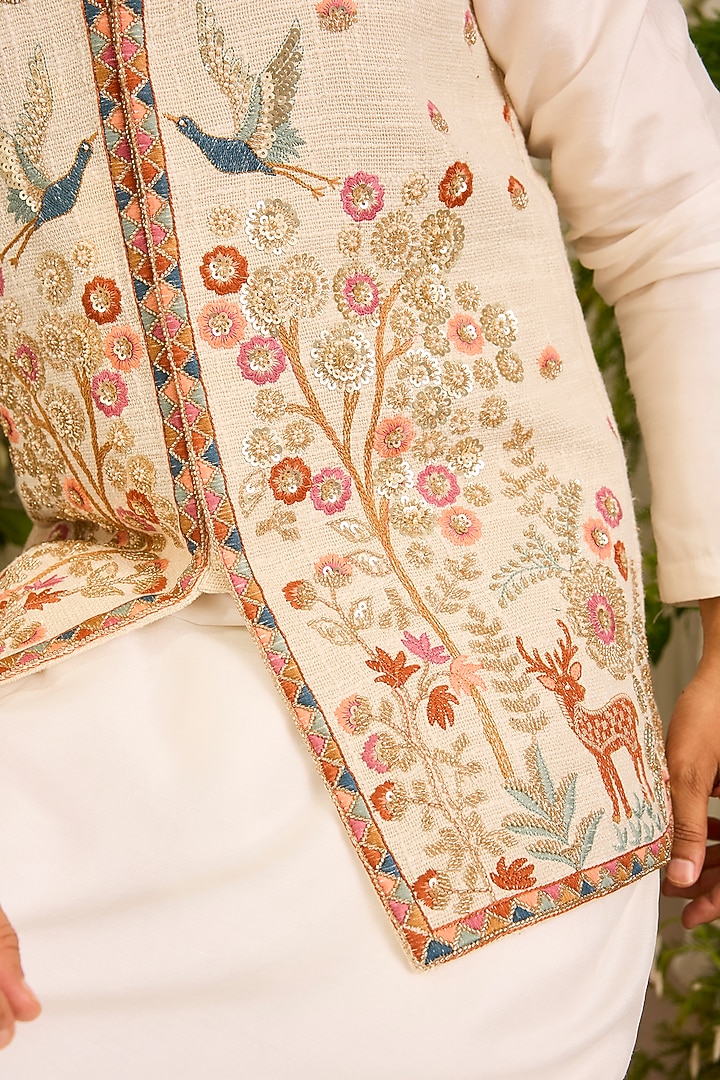 Beige Jute Embroidered Bundi Jacket by Kasbah Clothing at Pernia's Pop Up Shop
