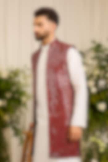 Maroon Silk Zari Embellished Long Open Jacket by Kasbah Clothing at Pernia's Pop Up Shop