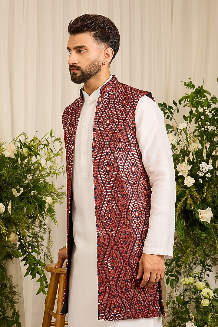 Maroon Silk Zari Embellished Long Open Jacket by Kasbah Clothing at Pernia's Pop Up Shop