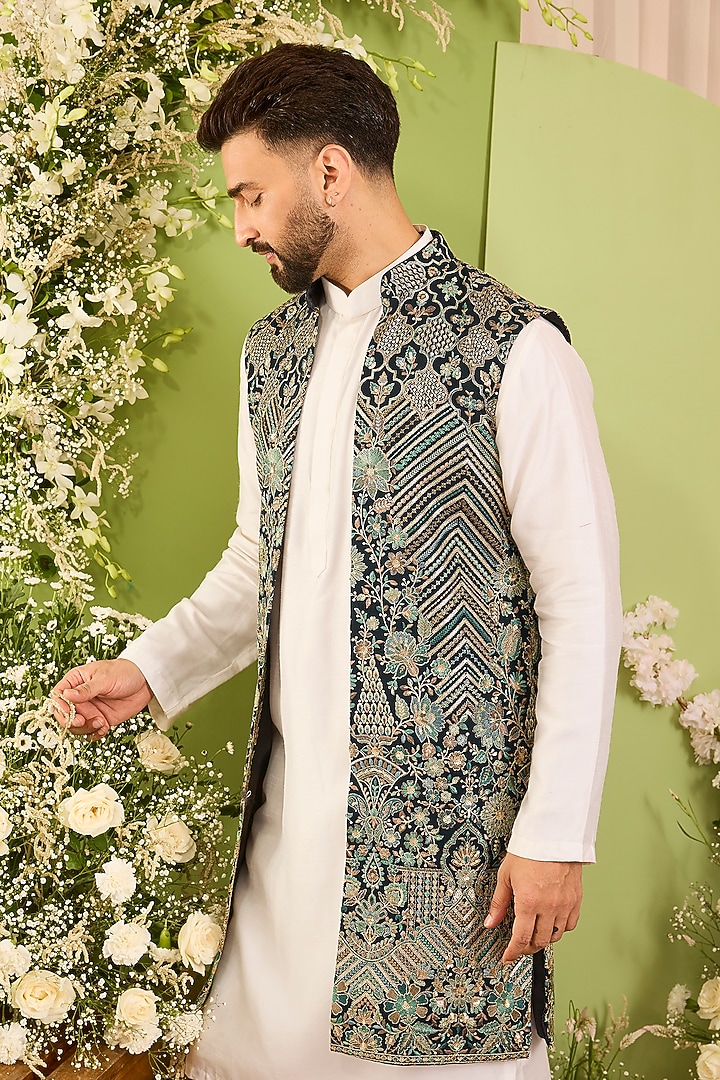 Deep Green Georgette Threadwork Long Open Jacket by Kasbah Clothing at Pernia's Pop Up Shop