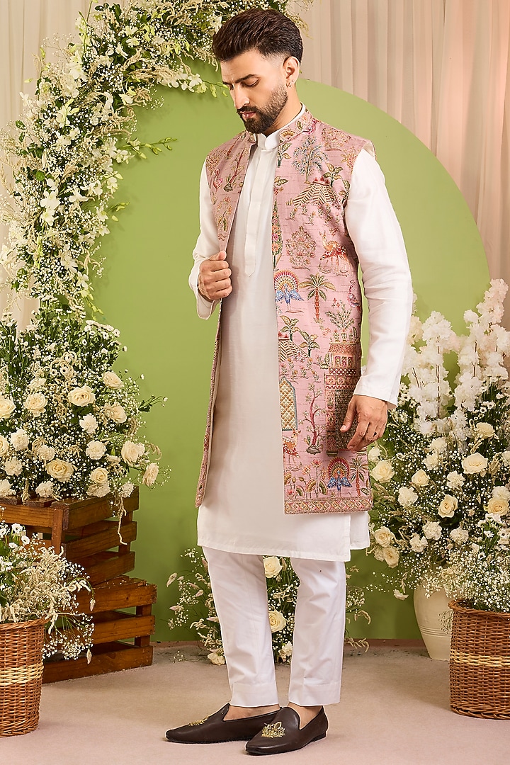 Mauve Silk Printed & Zari Work Long Open Jacket by Kasbah Clothing at Pernia's Pop Up Shop