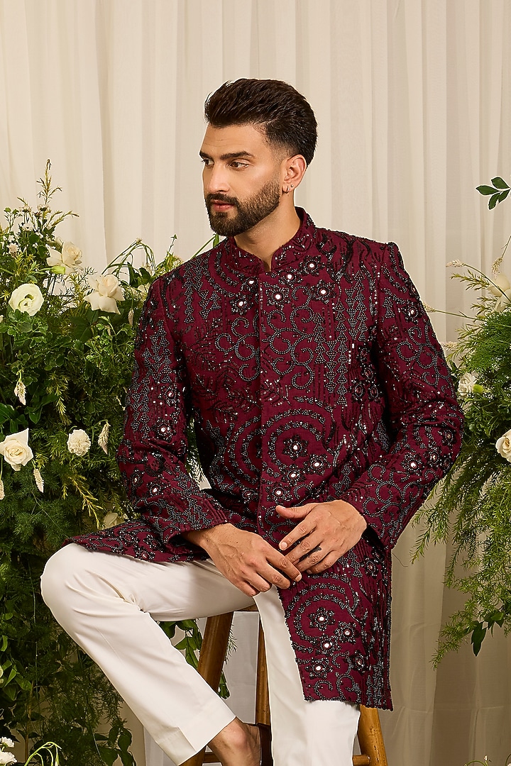 Maroon Silk Cutdana Embroidered Short Wedding Sherwani by Kasbah Clothing at Pernia's Pop Up Shop