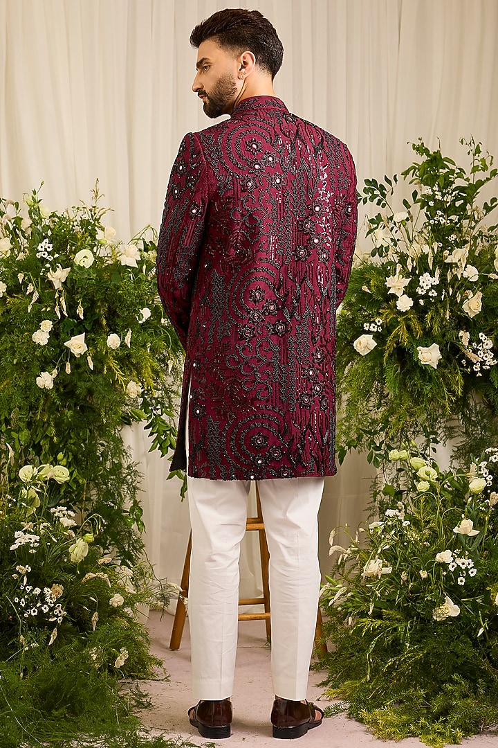 Maroon Silk Cutdana Embroidered Short Wedding Sherwani by Kasbah Clothing at Pernia's Pop Up Shop