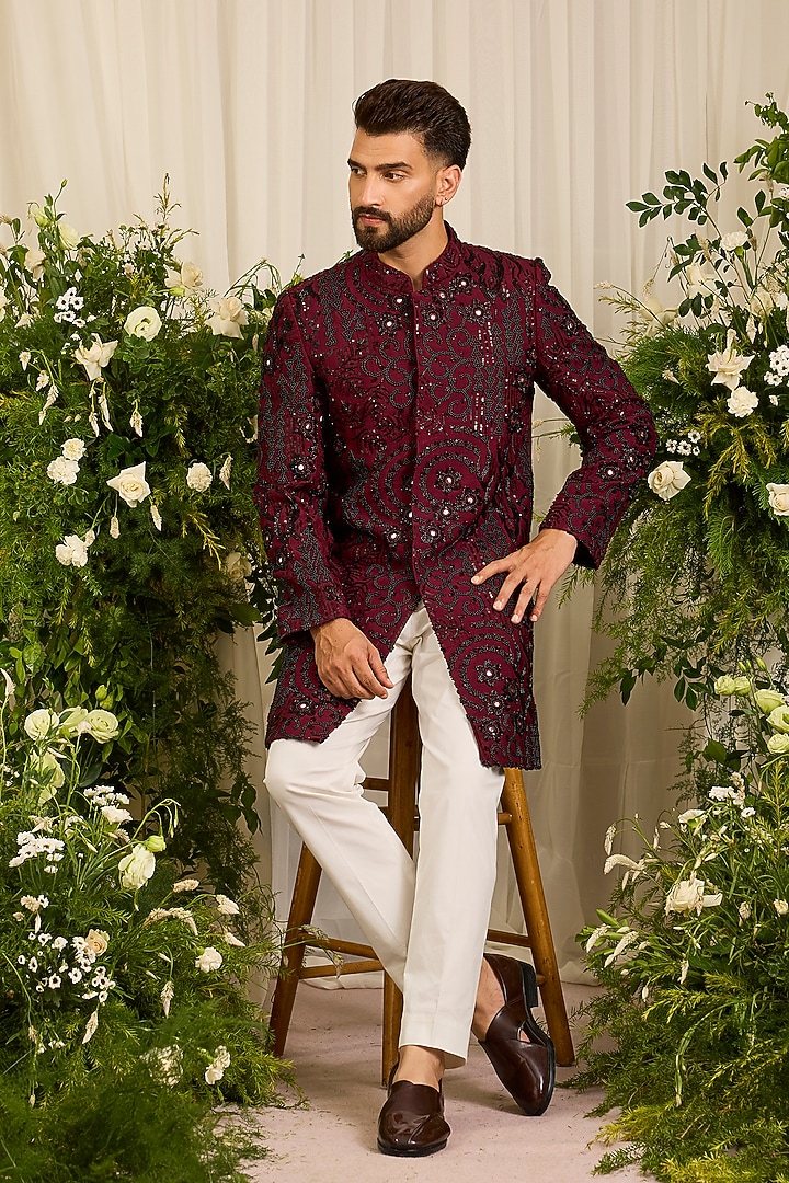 Maroon Silk Cutdana Embroidered Short Wedding Sherwani by Kasbah Clothing at Pernia's Pop Up Shop