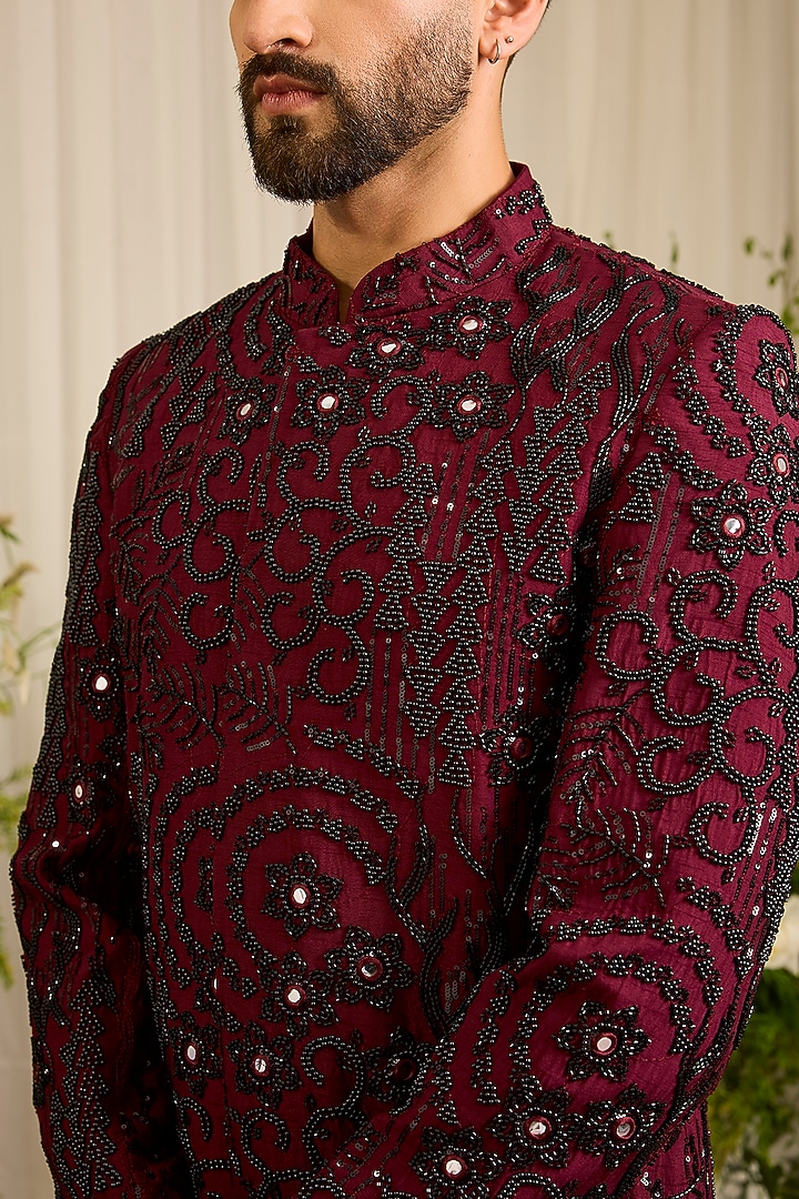 Maroon Silk Cutdana Embroidered Short Wedding Sherwani by Kasbah Clothing at Pernia's Pop Up Shop